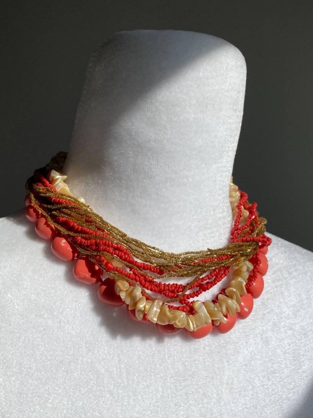 Vintage Chunky Coral Color Sea Shell Statement Necklace Boho Beach Summer